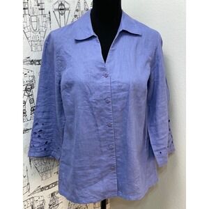 Style & Co Collection Linen Shirt Floral Eyelet Sleeve 8 Button Down Natural